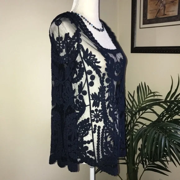 Origami By Vivien Long Sleeve Navy Sheer Lace Womens Top S - Picture 3 of 5